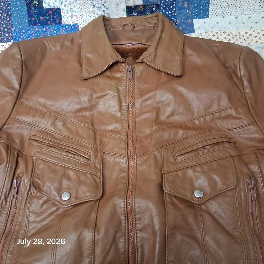 Vintage 80s Bermans Mens 48X Tan Leather Utility Bomber Removable Liner